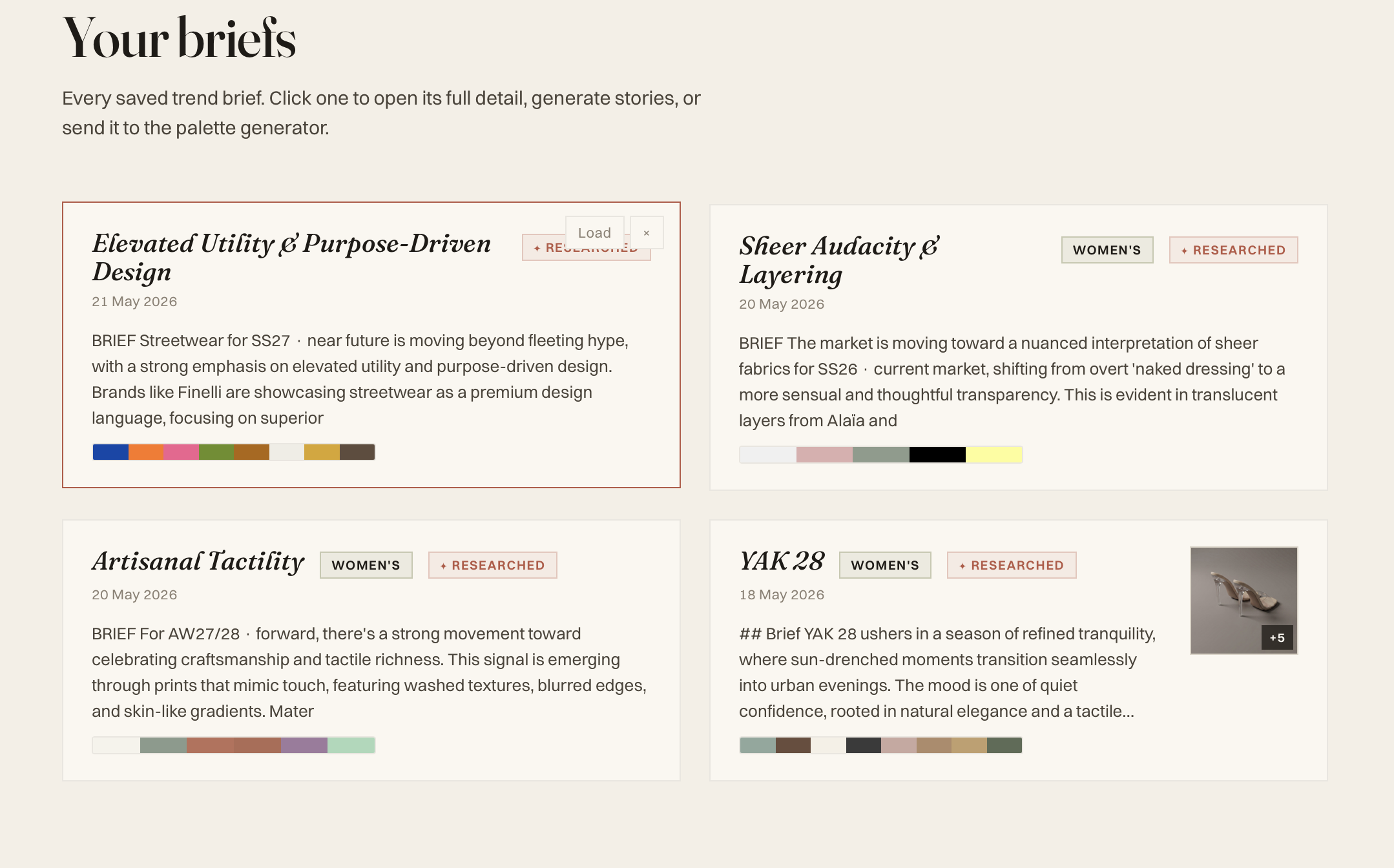 The trend brief workspace — research, palette, reference images, story list