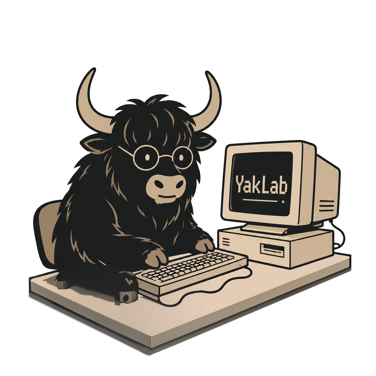 A studious yak in round glasses at a vintage computer, the CRT screen reading &ldquo;YakLab&rdquo;